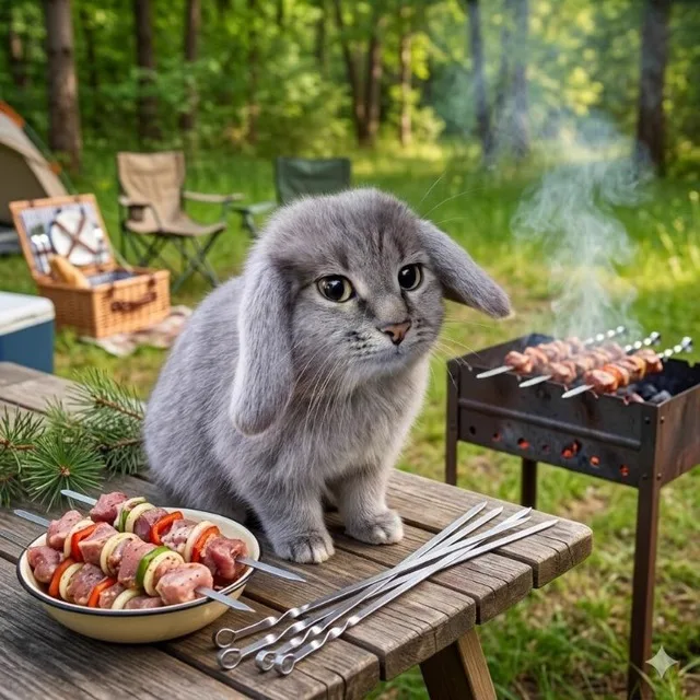 шашлычный котокролик стоит на столе рядом с тарелкой шашлыка у дымящегося мангала