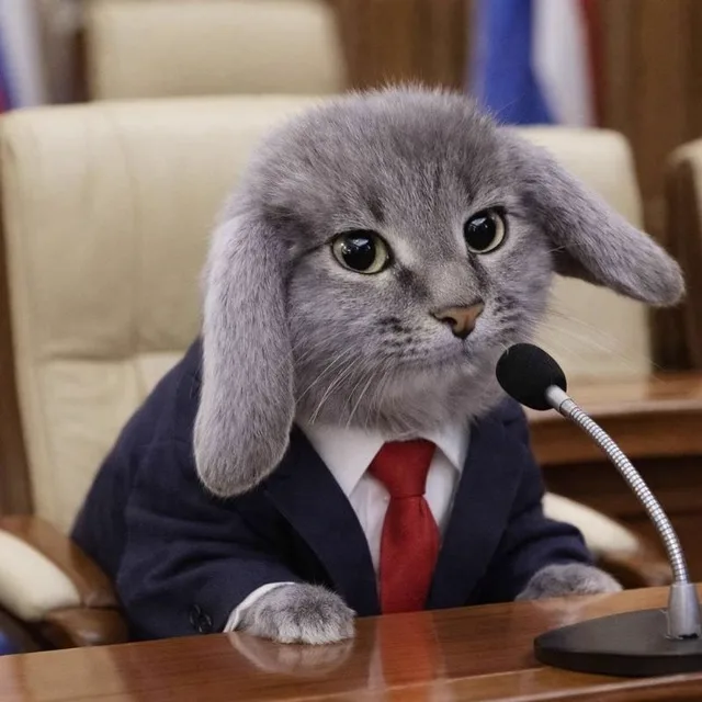 парламентский котокролик в костюме и красном галстуке выступает за трибуной с микрофоном