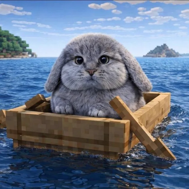 морской котокролик плывёт в деревянной лодке по синему морю